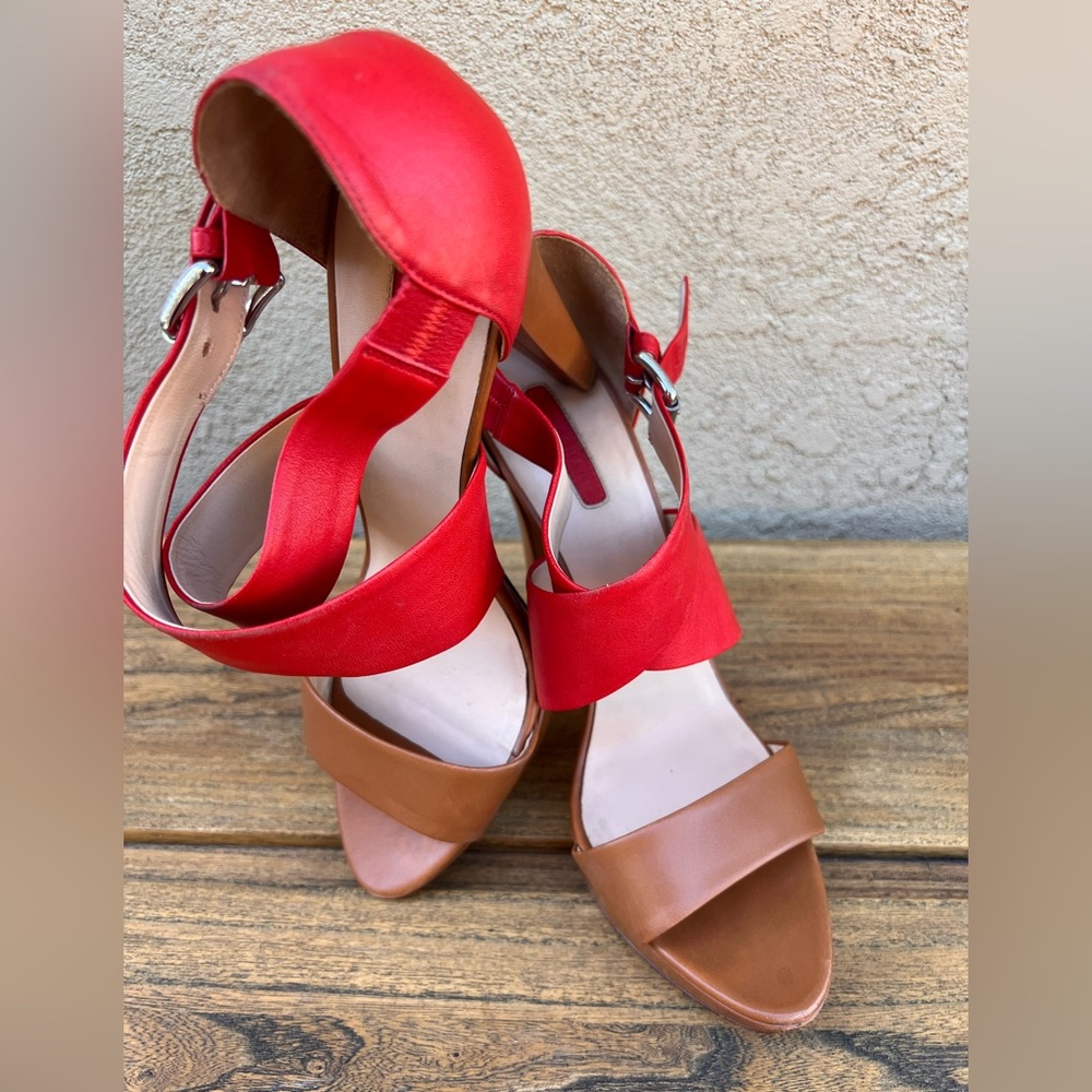 LONGCHAMP Orange/Tan Leather High Heel Sandals size EUR 39/ US 8